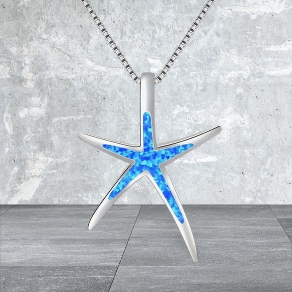 Blue Opal and Silver Starfish Pendant Necklace - Picture 2 of 3